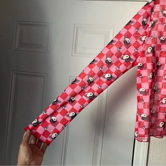 DRESSED IN LALA pink yin yang space cowboy cowgirl checker mesh sheer top - Picture 2 of 6